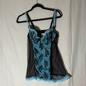 Elegant Lace Trimmed Blue and Black Chemise
